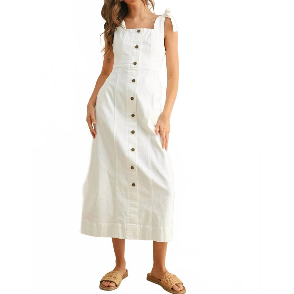 Sleeveless White Button-Front Midi Dress with Tie Straps